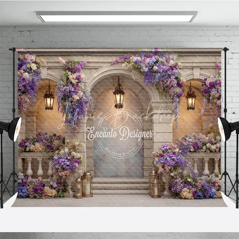 Lofaris Elegant Balcony Photography Backdrop with Purple Wisteria Architectural Columns Wedding Photo Background