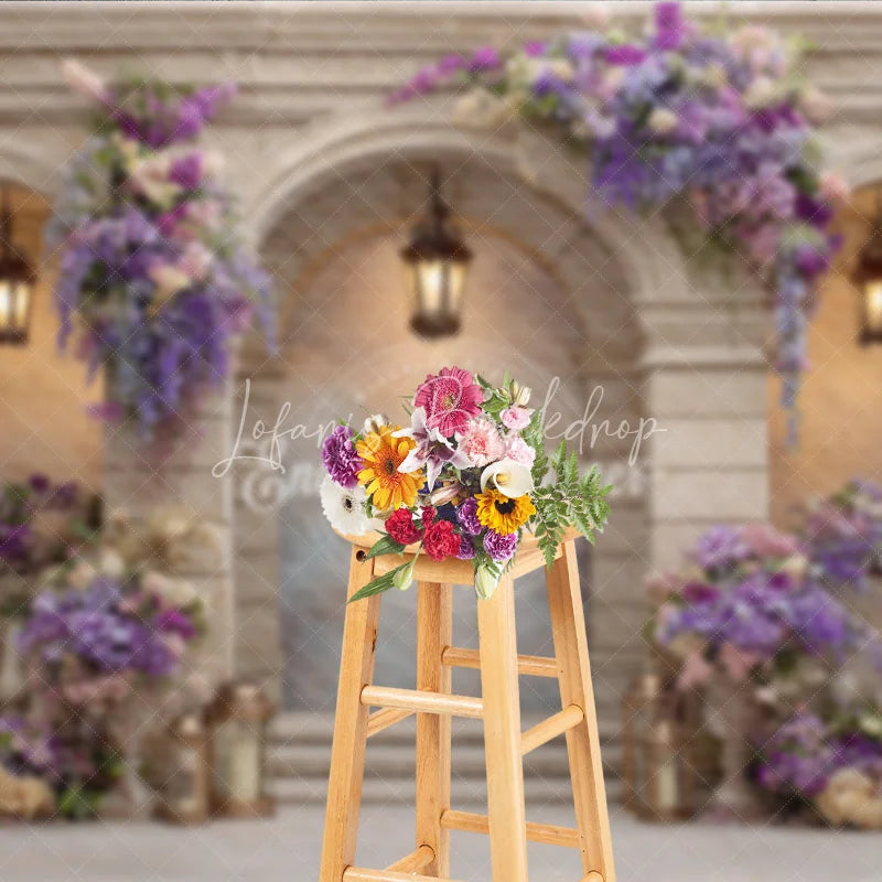 Lofaris Elegant Balcony Photography Backdrop with Purple Wisteria Architectural Columns Wedding Photo Background