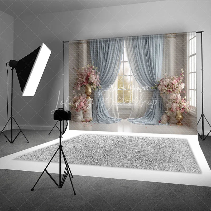 Lofaris Elegant Ballroom Photography Backdrop Blue Curtains with Pink Flowers Palace Wedding Photo Background