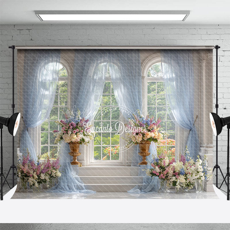 Lofaris Elegant Ballroom Photography Backdrop with Grand Windows Blue Drapes and Floral Classical Wedding Background