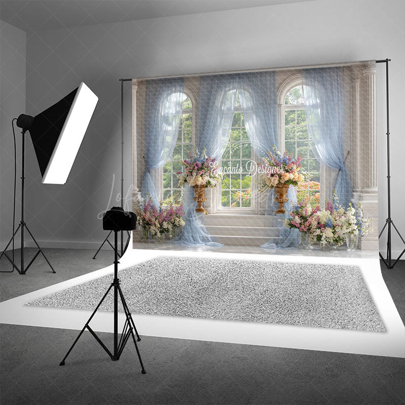 Lofaris Elegant Ballroom Photography Backdrop with Grand Windows Blue Drapes and Floral Classical Wedding Background