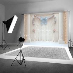 Lofaris Elegant Ballroom Photography Backdrop with White Columns Blue Bow and Floral Princess Themed Wedding Decor