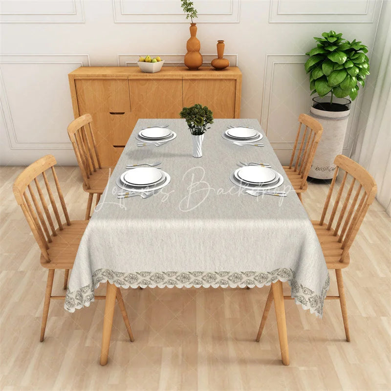 Lofaris Elegant Beige Fabric Rectangle Tablecloth with Scalloped Lace Border Classic Home Dining Table Decoration