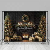 Lofaris Elegant Black and Gold Christmas Photography Backdrop Modern Fireplace with Trees Luxury Holiday Photo Background