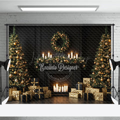 Lofaris Elegant Black and Gold Christmas Photography Backdrop Modern Fireplace with Trees Luxury Holiday Photo Background