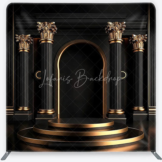 Lofaris Elegant Black and Gold Classical Columns Square Double-Sided Backdrop Archway Tiered Podium Photography Decor