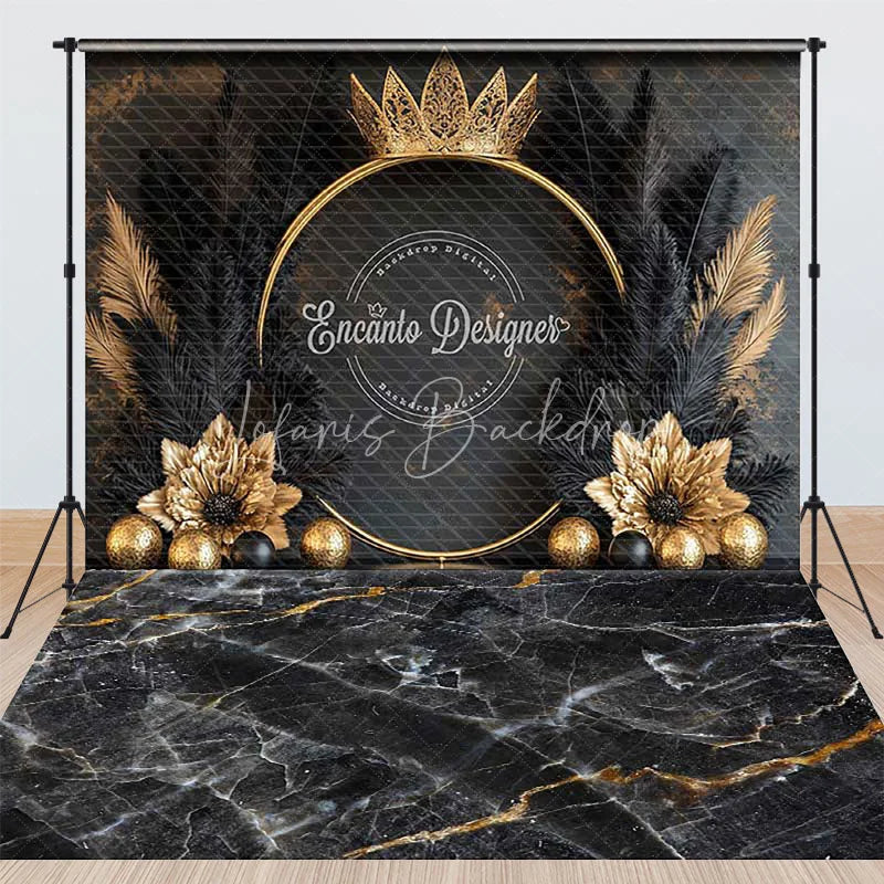 Lofaris Elegant Black and Gold Crown Combo Set Backdrop with Feathers Marble Floor
