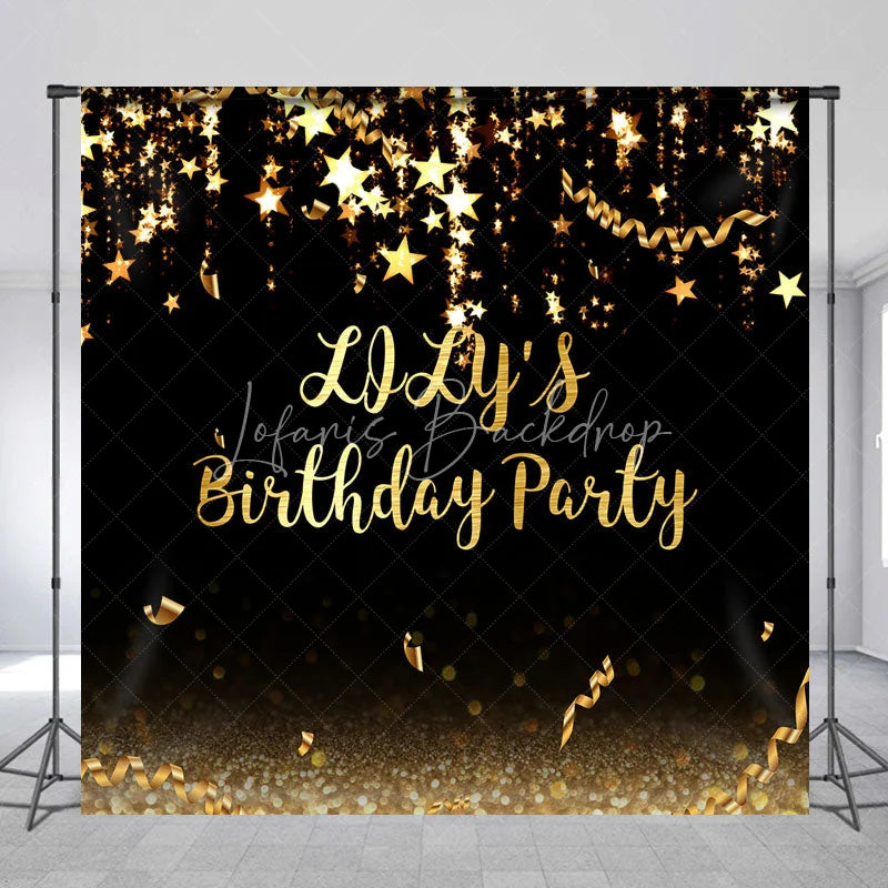 Lofaris Elegant Black and Gold Glitter Custom Birthday Party Backdrop featuring Sparkling Stars Confetti