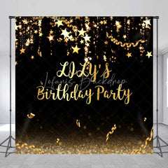 Lofaris Elegant Black and Gold Glitter Custom Birthday Party Backdrop featuring Sparkling Stars Confetti