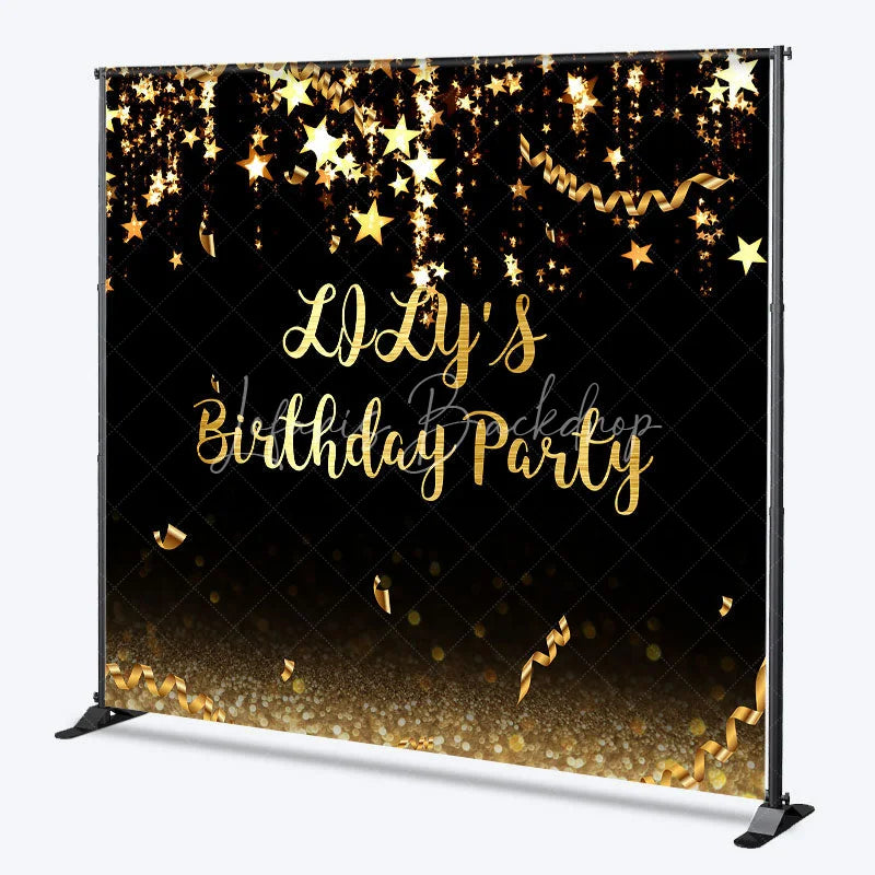 Lofaris Elegant Black and Gold Glitter Custom Birthday Party Backdrop featuring Sparkling Stars Confetti