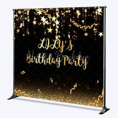 Lofaris Elegant Black and Gold Glitter Custom Birthday Party Backdrop featuring Sparkling Stars Confetti