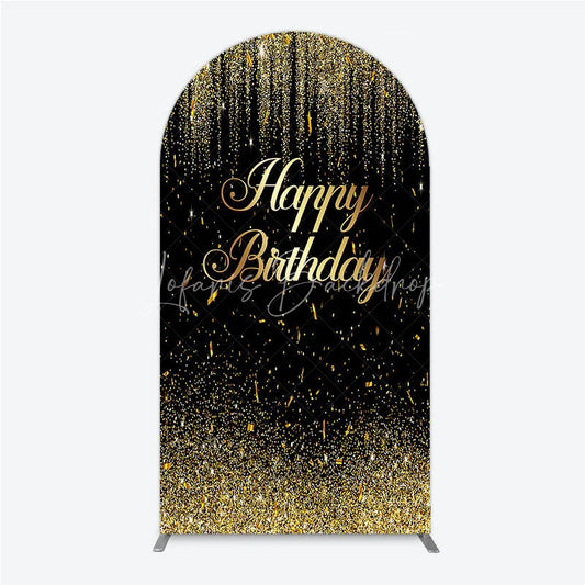 Lofaris Elegant Black and Gold Glitter Happy Birthday Round Top Arch Backdrop Sparkling Confetti Party Decor