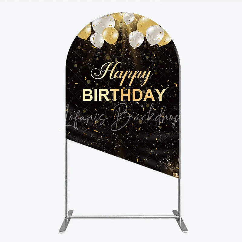 Lofaris Elegant Black and Gold Happy Birthday Arch Backdrop Festive Balloons Confetti Champagne Decor
