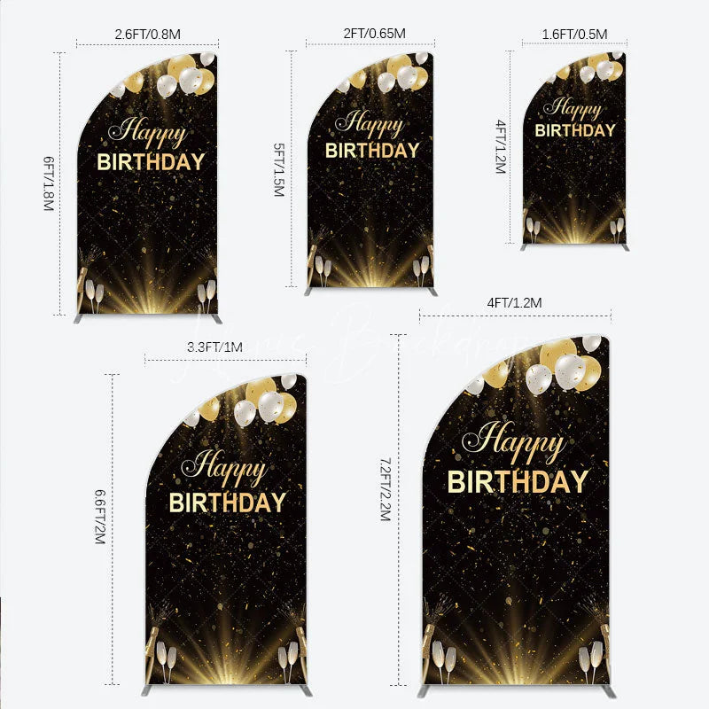 Lofaris Elegant Black and Gold Happy Birthday Half Moon Arch Backdrop Festive Balloons Confetti Champagne Decor