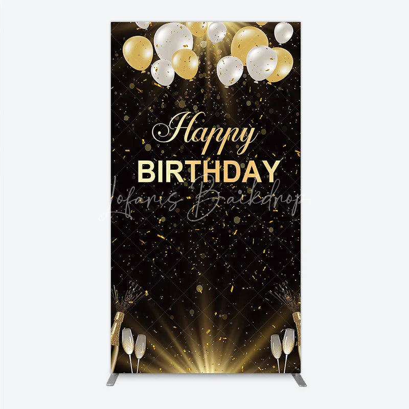 Lofaris Elegant Black and Gold Happy Birthday Rectangle Backdrop Festive Balloons Confetti Champagne Decor
