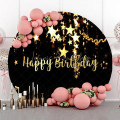 Lofaris Elegant Black and Gold Happy Birthday Round Backdrop Sparkling Stars Glitter for Party Celebration