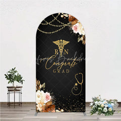 Lofaris Elegant Black and Gold RN Caduceus Congrats Grad Arch Backdrop Kit Floral Stethoscope Graduation Party Decor