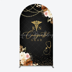 Lofaris Elegant Black and Gold RN Caduceus Congrats Grad Arch Backdrop Kit Floral Stethoscope Graduation Party Decor