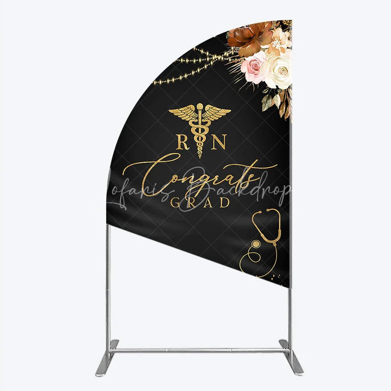 Lofaris Elegant Black and Gold RN Caduceus Congrats Grad Half Moon Arch Backdrop Kit Floral Stethoscope Graduation Party Decor