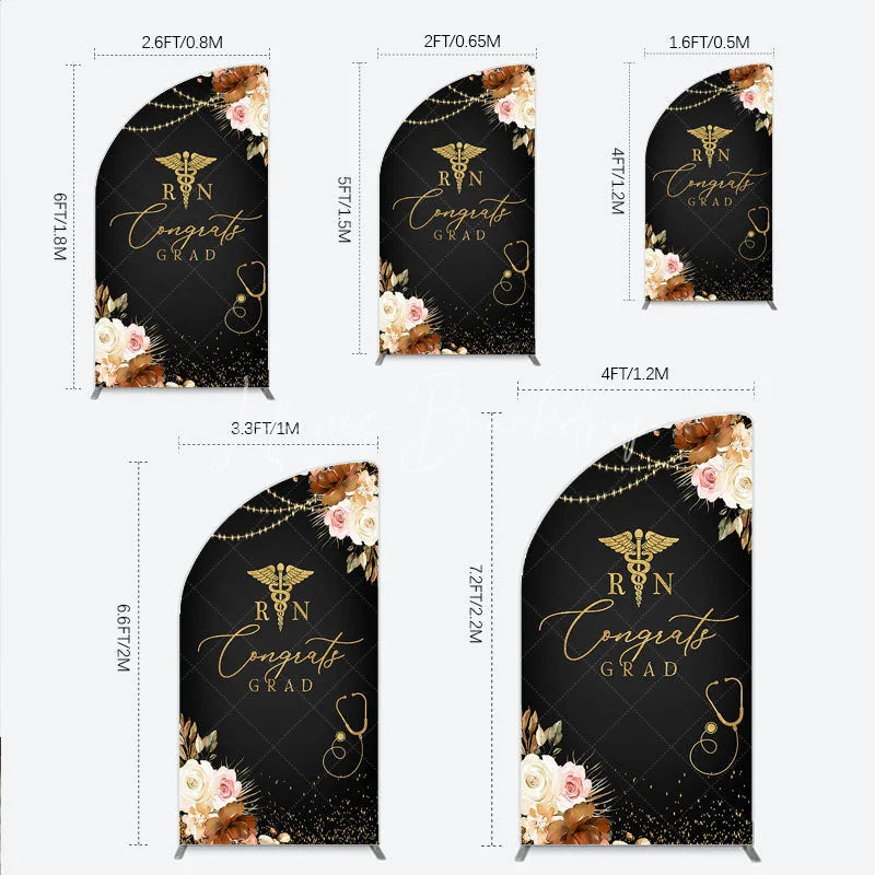 Lofaris Elegant Black and Gold RN Caduceus Congrats Grad Half Moon Arch Backdrop Kit Floral Stethoscope Graduation Party Decor