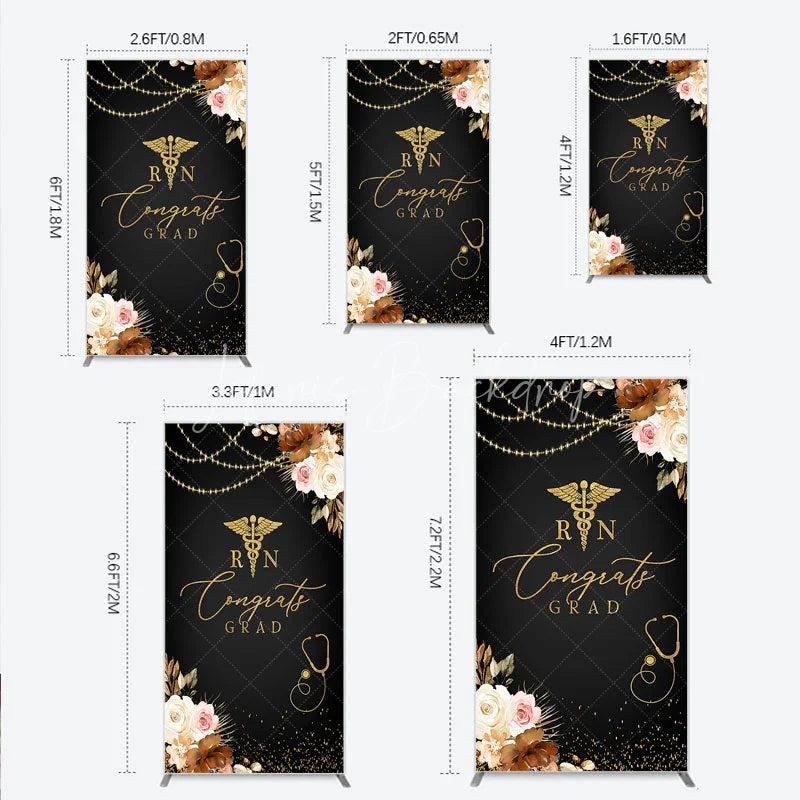 Lofaris Elegant Black and Gold RN Caduceus Congrats Grad Rectangle Backdrop Kit Floral Stethoscope Graduation Party Decor