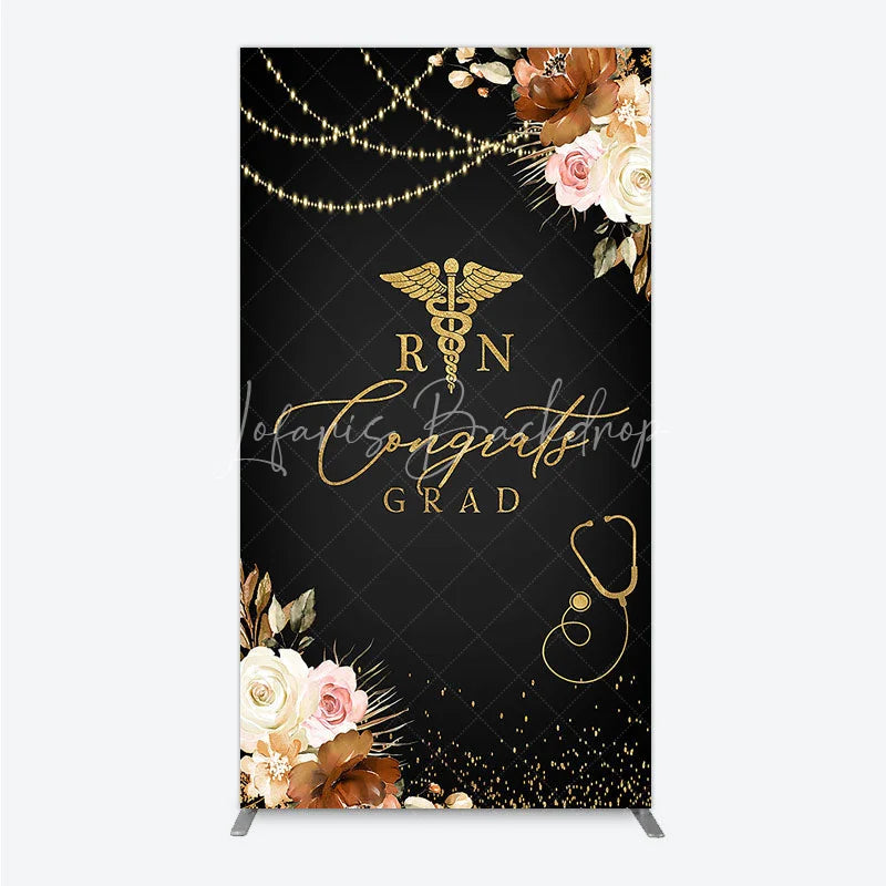 Lofaris Elegant Black and Gold RN Caduceus Congrats Grad Rectangle Backdrop Kit Floral Stethoscope Graduation Party Decor