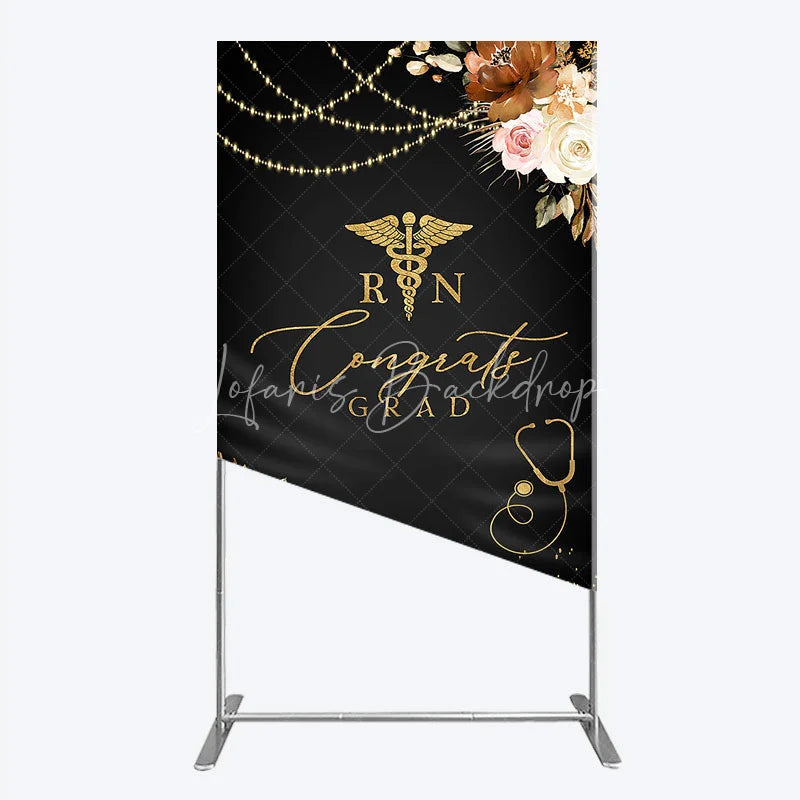 Lofaris Elegant Black and Gold RN Caduceus Congrats Grad Rectangle Backdrop Kit Floral Stethoscope Graduation Party Decor