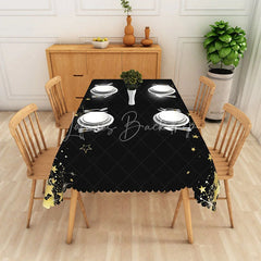 Lofaris Elegant Black and Gold Stars Sparkling Rectangle Tablecloth with Scalloped Edge Festive Party Dinner Decor