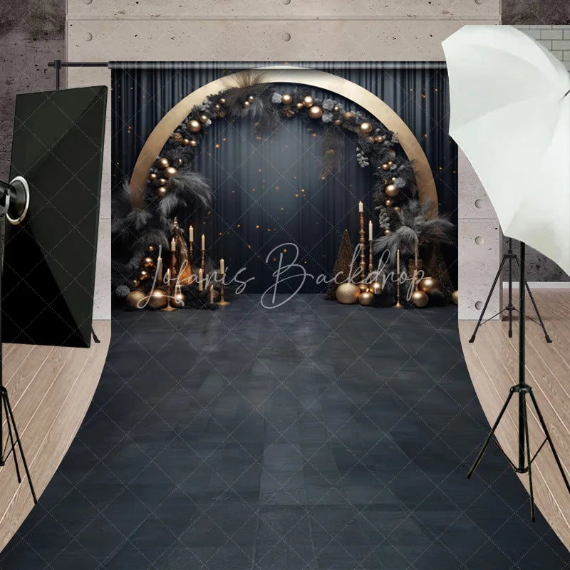 Lofaris Elegant Black and Gold Sweep Backdrop with Golden Arch Dark Foliage Festive Baubles for Celebrations