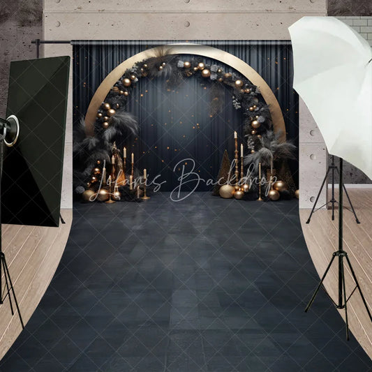 Lofaris Elegant Black and Gold Sweep Backdrop with Golden Arch Dark Foliage Festive Baubles for Celebrations