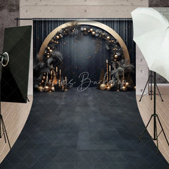 Lofaris Elegant Black and Gold Sweep Backdrop with Golden Arch Dark Foliage Festive Baubles for Celebrations