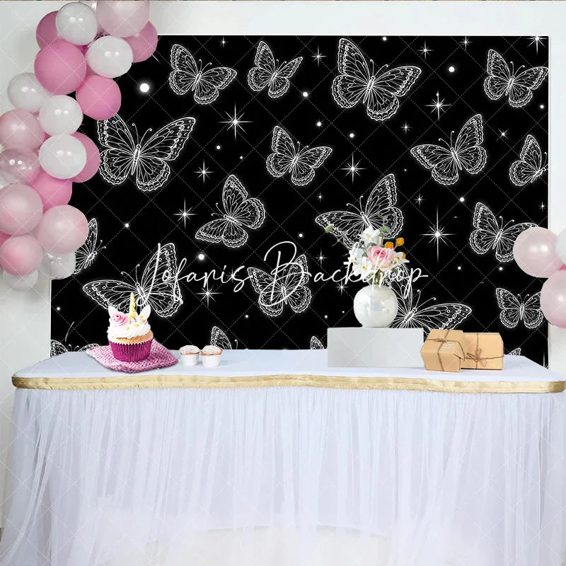 Lofaris Elegant Black and White Glowing Butterfly Y2K Birthday Backdrop with Sparkling Stars Magical Party Decor