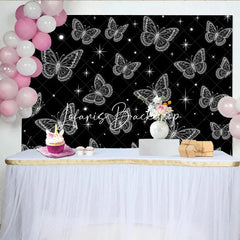 Lofaris Elegant Black and White Glowing Butterfly Y2K Birthday Backdrop with Sparkling Stars Magical Party Decor