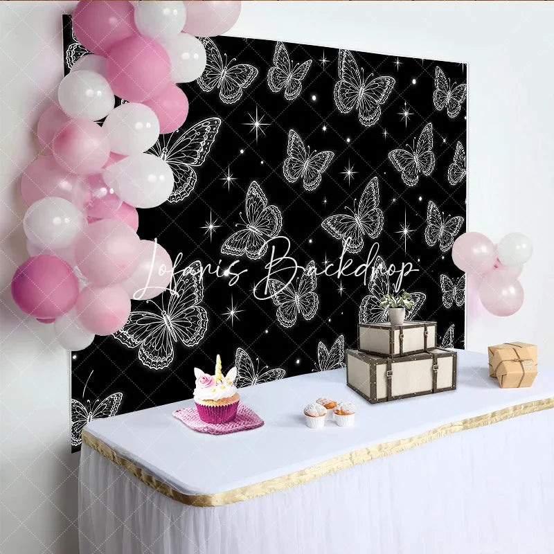 Lofaris Elegant Black and White Glowing Butterfly Y2K Birthday Backdrop with Sparkling Stars Magical Party Decor