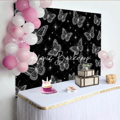 Lofaris Elegant Black and White Glowing Butterfly Y2K Birthday Backdrop with Sparkling Stars Magical Party Decor