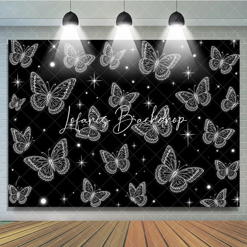Lofaris Elegant Black and White Glowing Butterfly Y2K Birthday Backdrop with Sparkling Stars Magical Party Decor