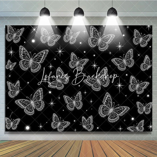 Lofaris Elegant Black and White Glowing Butterfly Y2K Birthday Backdrop with Sparkling Stars Magical Party Decor