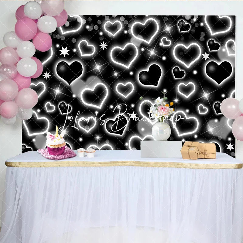 Lofaris Elegant Black and White Glowing Heart Star Y2K Birthday Backdrop Sparkling Glitter Celebration Party Decoration