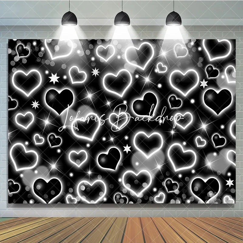 Lofaris Elegant Black and White Glowing Heart Star Y2K Birthday Backdrop Sparkling Glitter Celebration Party Decoration