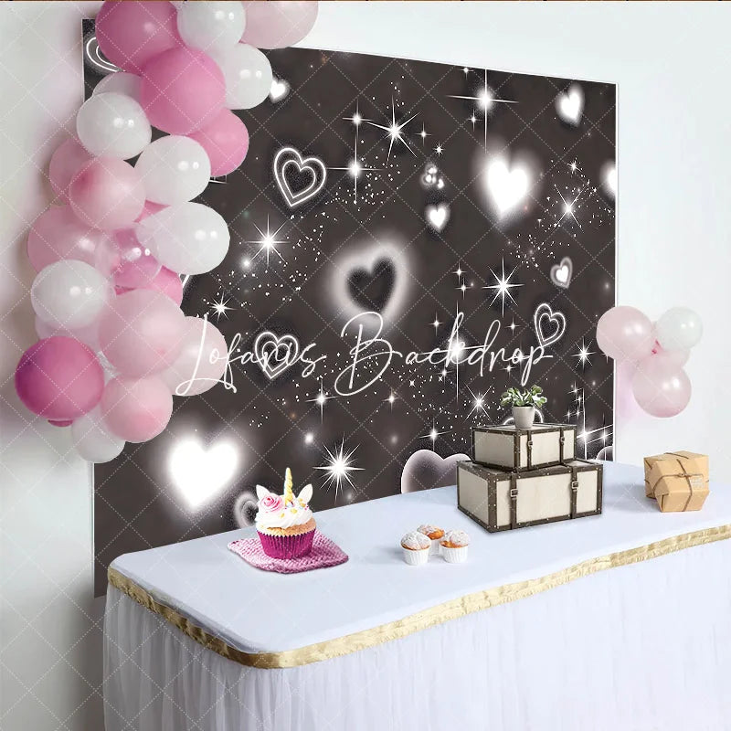Lofaris Elegant Black and White Glowing Hearts Sparkling Stars Glitter Birthday Backdrop Dreamy Celebration Party Decor