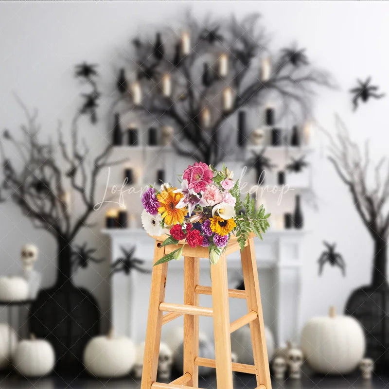 Lofaris Elegant Black and White Halloween Spooky Tree Photography Backdrop Pumpkins Spiders Skulls for Festive Autumn Decor