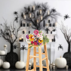 Lofaris Elegant Black and White Halloween Spooky Tree Photography Backdrop Pumpkins Spiders Skulls for Festive Autumn Decor