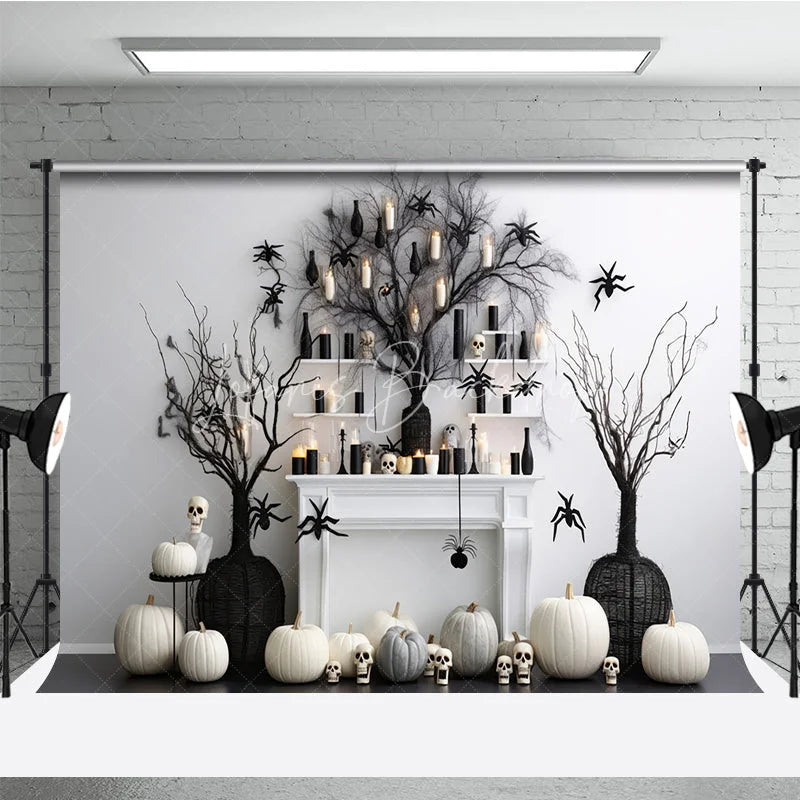Lofaris Elegant Black and White Halloween Spooky Tree Photography Backdrop Pumpkins Spiders Skulls for Festive Autumn Decor