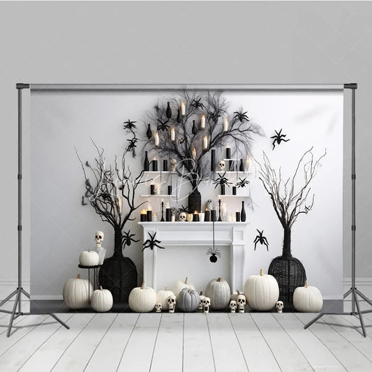 Lofaris Elegant Black and White Halloween Spooky Tree Photography Backdrop Pumpkins Spiders Skulls for Festive Autumn Decor