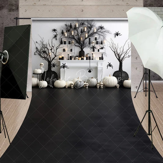 Lofaris Elegant Black and White Halloween Sweep Backdrop featuring Spooky Pumpkins Spiders Tree Decor