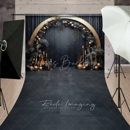 Lofaris Elegant Black Gold Arch Sweep Backdrop Pampas Grass Circle Frame Dark Floor Photo Background