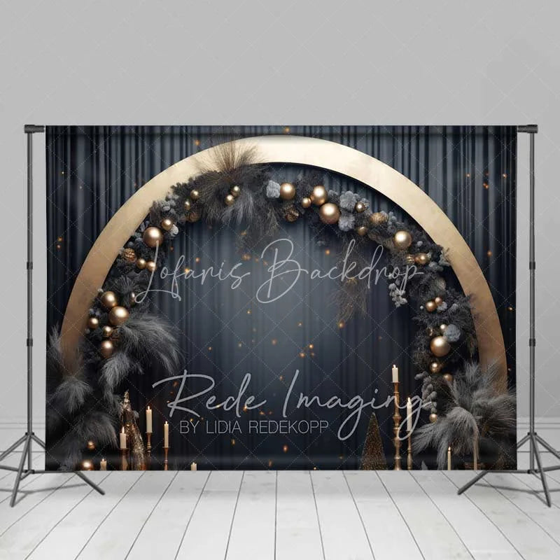 Lofaris Elegant Black Gold Christmas Backdrop Circular Arch Pampas Grass Ornaments Dark Curtain Photo Background