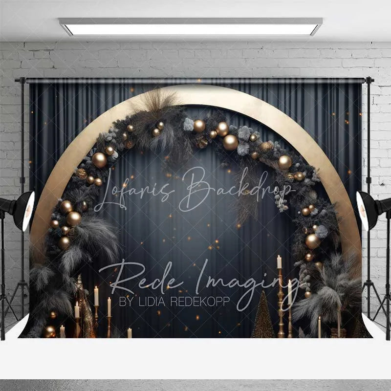 Lofaris Elegant Black Gold Christmas Backdrop Circular Arch Pampas Grass Ornaments Dark Curtain Photo Background