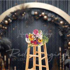 Lofaris Elegant Black Gold Christmas Backdrop Circular Arch Pampas Grass Ornaments Dark Curtain Photo Background