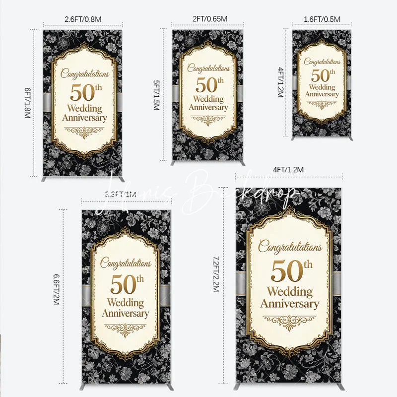 Lofaris Elegant Black Gold Floral Rectangle Arch Backdrop 50th Wedding Anniversary Celebration Party Decor